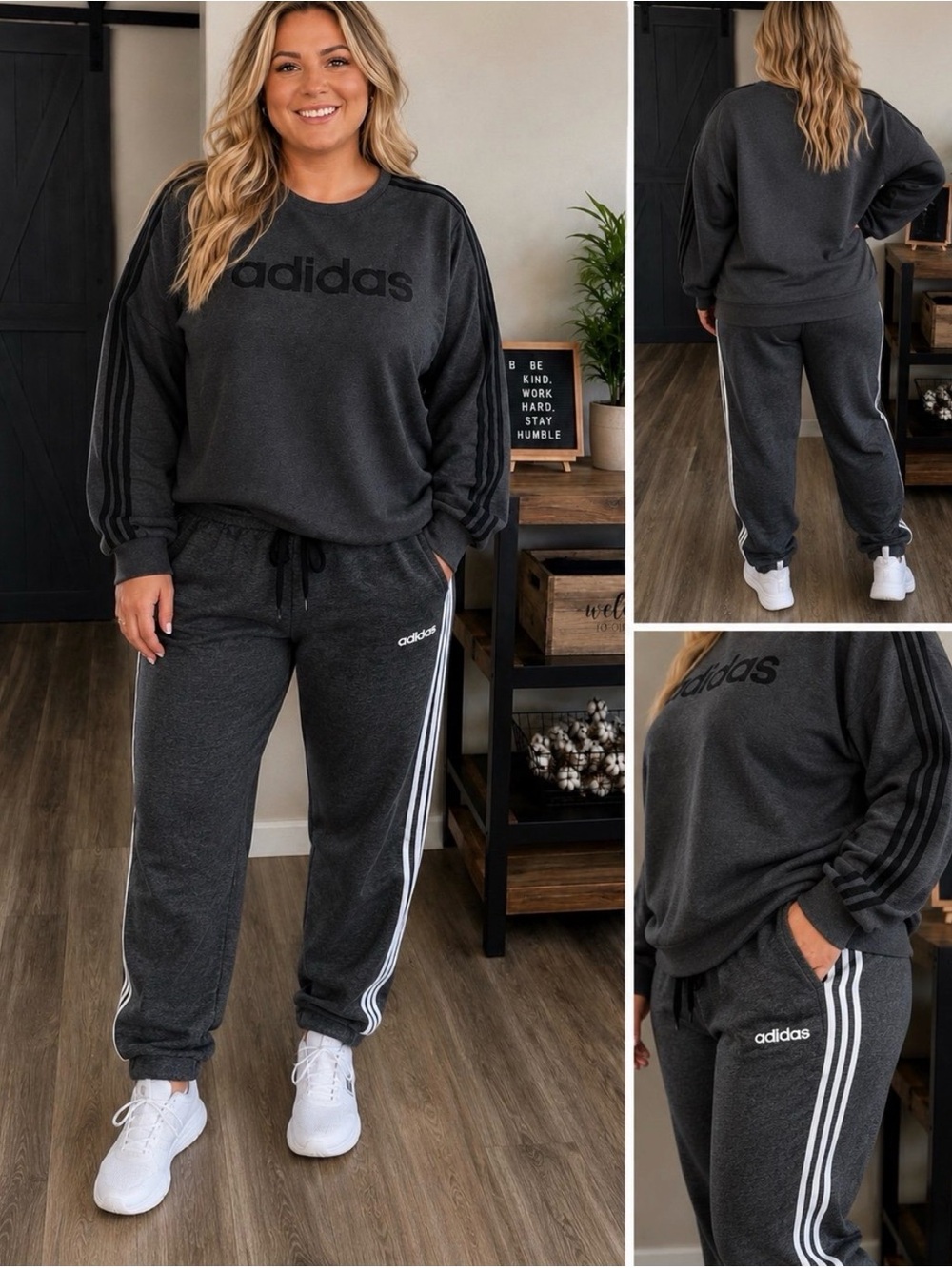 Adidas Women's large Charcoal Gray Logo Sweatpants with gray cotton crewneck